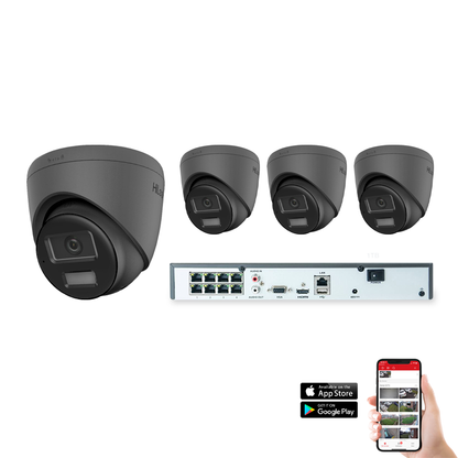 HiLook by Hikvision IP Hybrid ColorVu 4 Camera 8ch 4K 8MP 30M CCTV Kit - Grey (HI-KIT-IPC-HYB-8MP-4-GR)